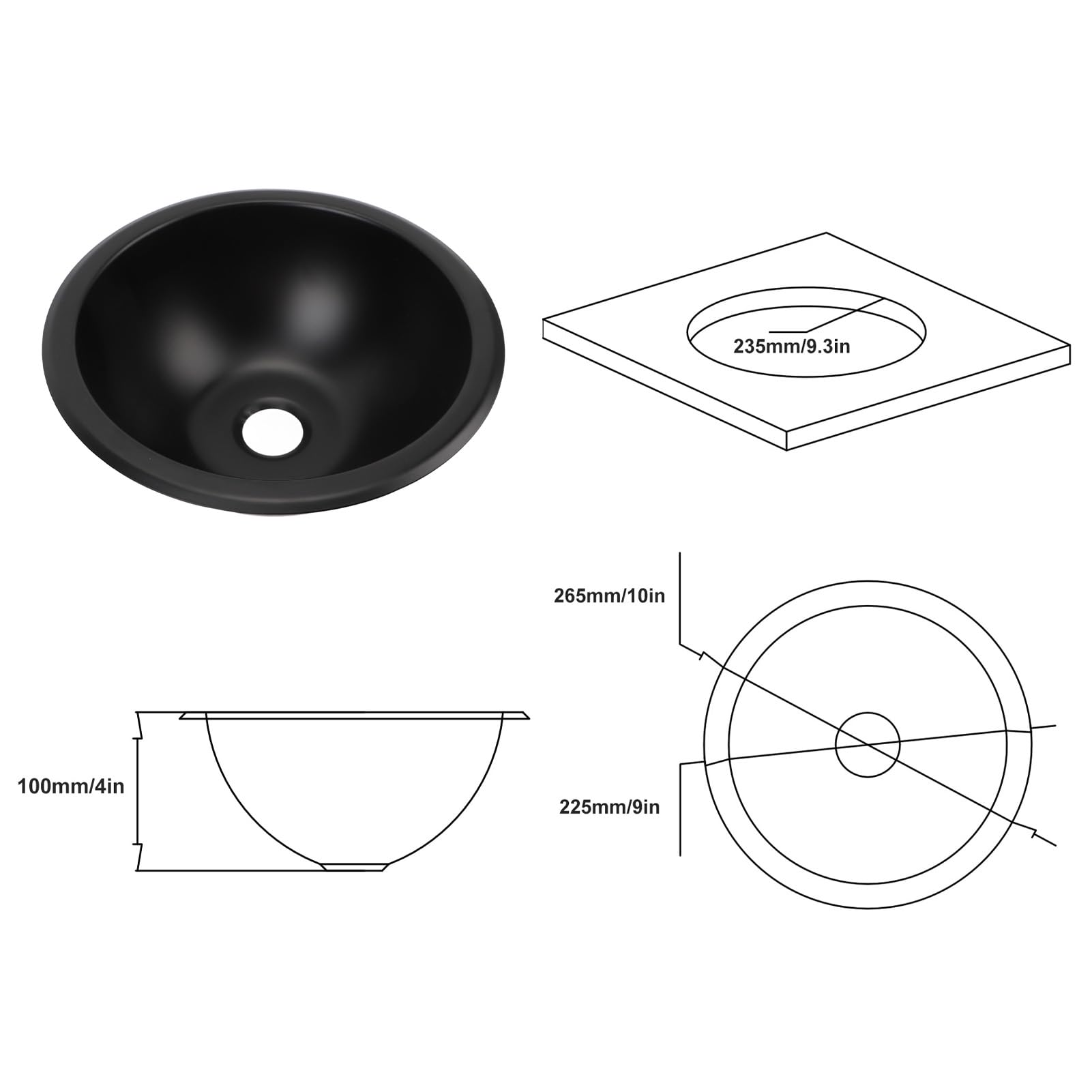 Fregadero de acero inoxidable, Fregadero redondo robusto con drenaje de 40mm para cocina pequeña, 9x4 pulgadas, Acero inoxidable 304, Fregadero para RV y barco