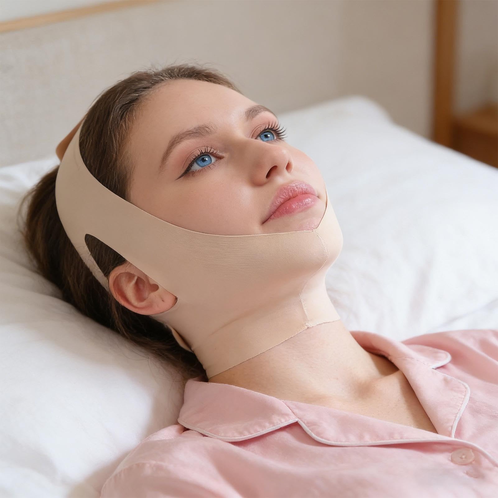 Skult C-ollagen - Envoltura para esculpir la cara, compresión suave, beige, reutilizable, correa de barbilla, ajuste ajustable y comodidad, para la mandíbula, barbilla, mujeres, dormir