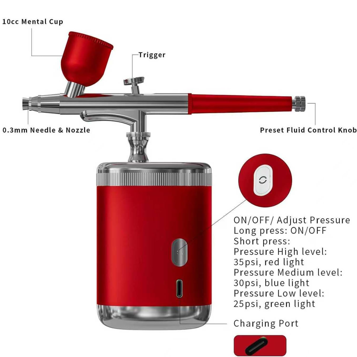 Kit aérographe avec compresseur et pistolet à main, buse de 0,3 mm, 3 niveaux de pression, batterie 1200 mAh, idéal pour nail art, maquillage, décoration de gâteau, peinture de maquette