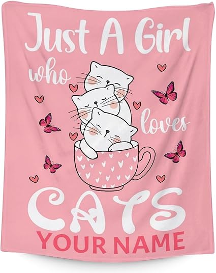 Personalized Cat Blanket Gifts with Name - 40"x50" Cute Throw for Girls - Pink Soft Fuzzy Blankets for Bed, Couch & Living Room