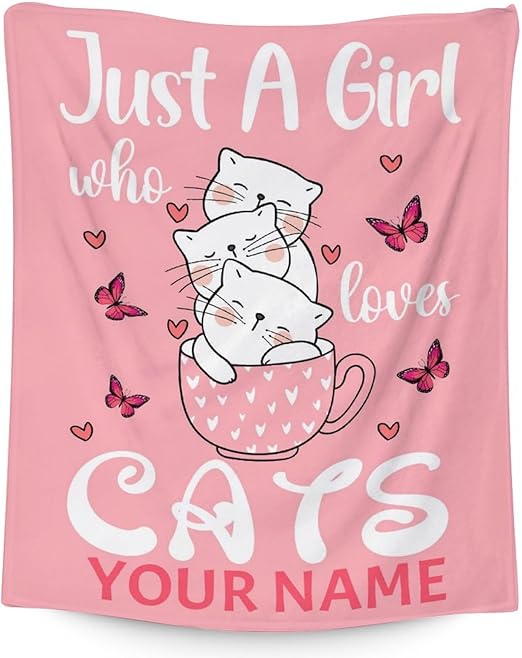 Personalized Cat Blanket Gifts with Name - 40"x50" Cute Throw for Girls - Pink Soft Fuzzy Blankets for Bed, Couch & Living Room