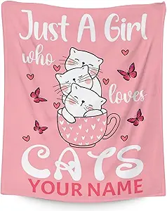 Personalized Cat Blanket Gifts with Name - 40"x50" Cute Throw for Girls - Pink Soft Fuzzy Blankets for Bed, Couch & Living Room