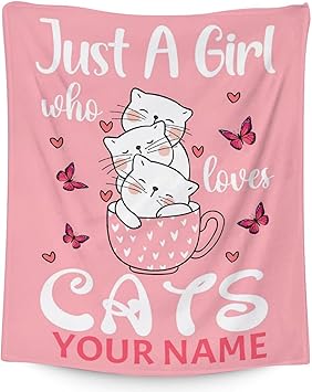 Personalized Cat Blanket Gifts with Name - 40"x50" Cute Throw for Girls - Pink Soft Fuzzy Blankets for Bed, Couch & Living Room