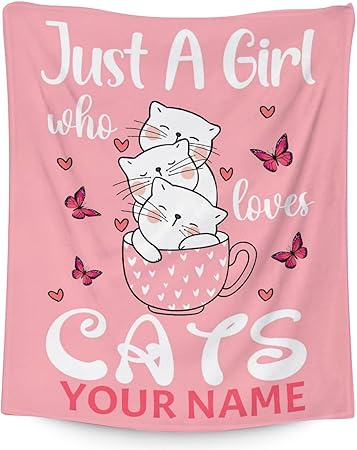 Personalized Cat Blanket Gifts with Name - 40"x50" Cute Throw for Girls - Pink Soft Fuzzy Blankets for Bed, Couch & Living Room