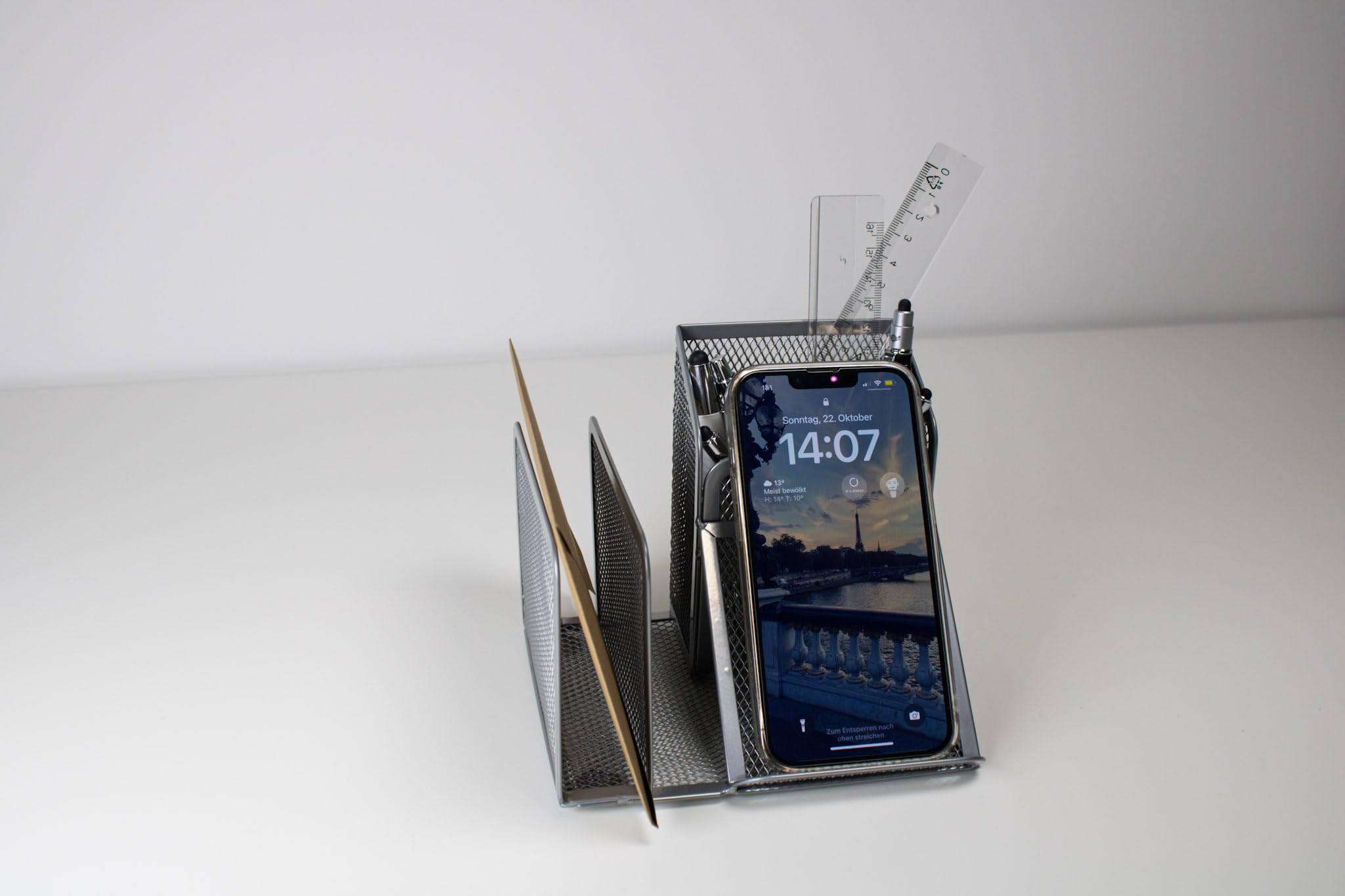 Wedo Butler Office 65554 Pen Holder 4 Compartments and Slant Tray Wire Metal Silver