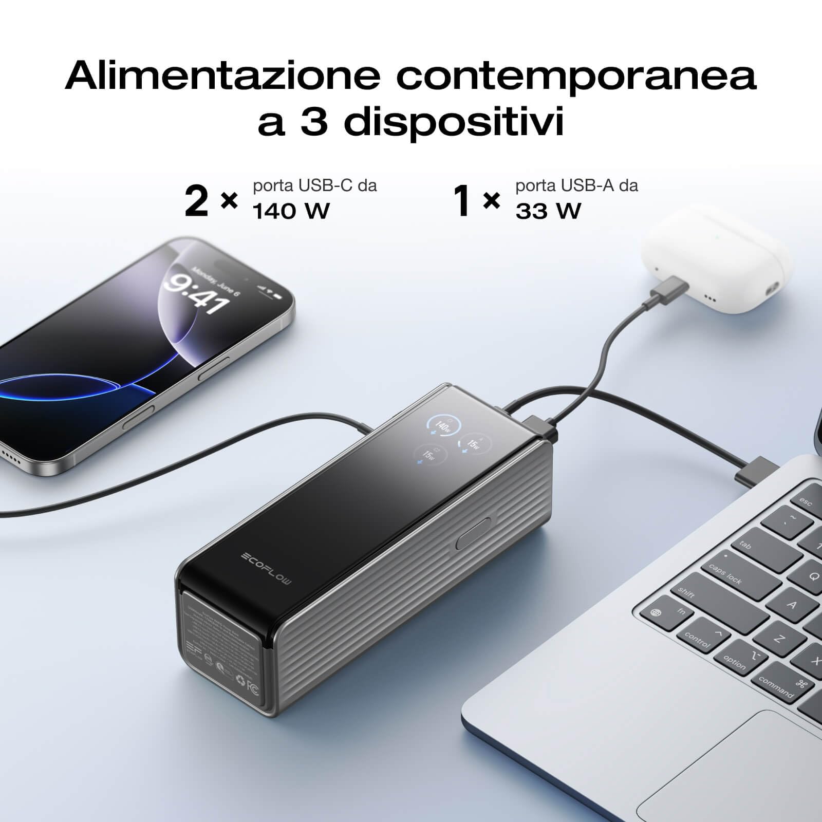 EcoFlow RAPID Power Bank (25.000 mAh, 170 W) Caricatore Portatile con Doppia Porta USB-C da 140 W per la Ricarica Multi-Dispositivo, per Serie iPhone, Samsung, MacBook e Altro (Argento)