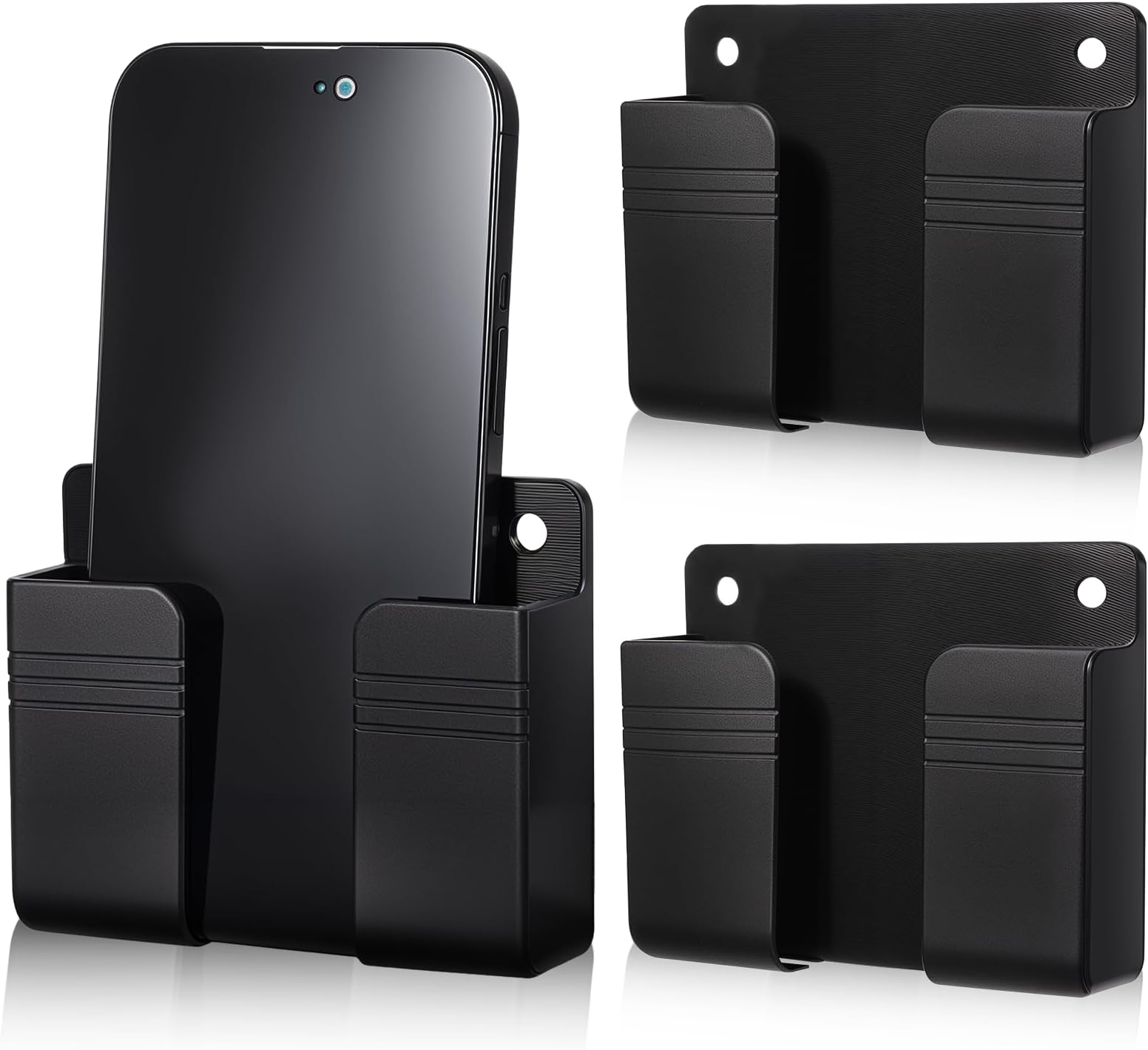 3 Pack Wall Mounted Phone Holder, Phone Stand with Self Adhesive Phones Holders with Charging Hole, Compatible with All Smartphone Phones Cradle Bedside Organizer Remote Control Stand for Home Offices