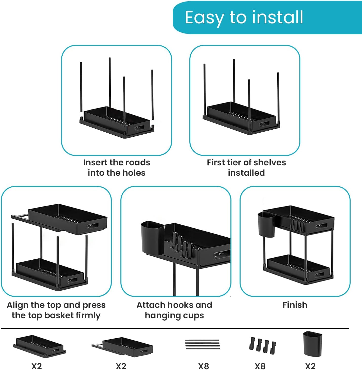 Pack of 2-Under Sink Organizer, Multi-Purpose Under Cabinet Storage with Hooks Hanging Cups, Heavy Load pull-out 2-Tier Under Sink Storage Organizer and Large Capacity Bathroom Cabinet (Black)