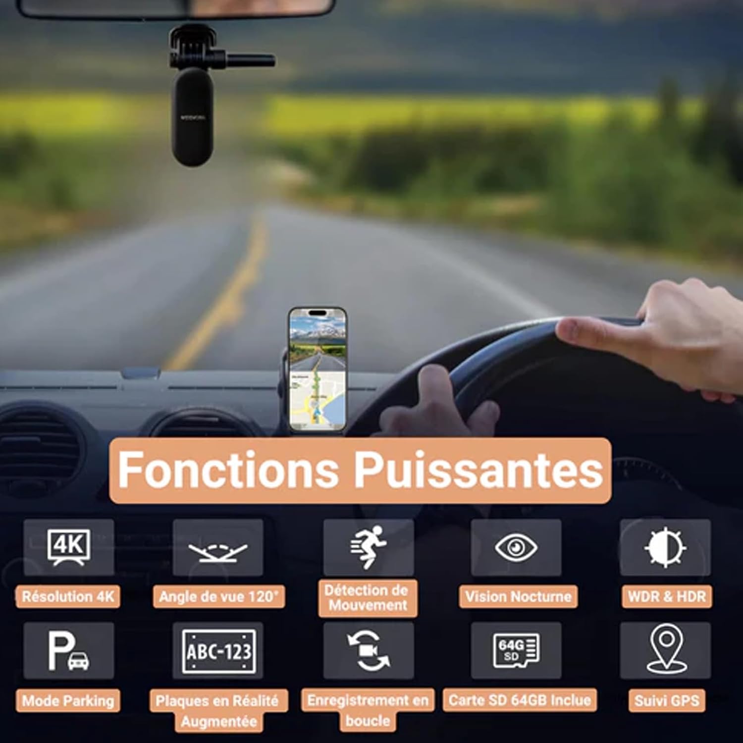 Image displaying various powerful functions of the Moovora camera, including 4K resolution, 120-degree view angle, motion detection, night vision, WDR & HDR, parking mode, augmented reality license plates, loop recording, 64GB SD card support, and GPS tracking.