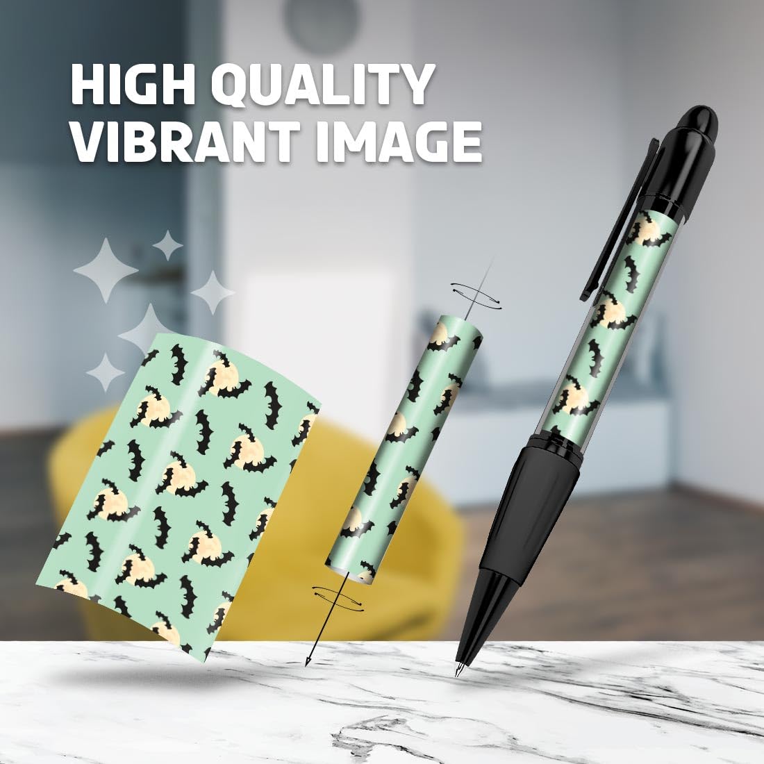 Set of 4 Black Ballpoint Pens (Photo Insert) - Spooky Bats Moon Halloween - Soft Feel Finger Grip #170878 - Image 2