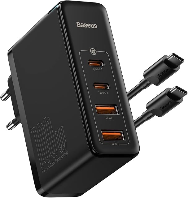 Baseus Fast Charger 100W, 4-portowa ładowarka PD PPS z funkcją GaN Tech, kompatybilna z MacBook Pro/Air Laptop, iPhone 15/14/13, iPad Pro, Samsung Galaxy S23, SteamDeck. 2 x USB-C + 2 x USB-A