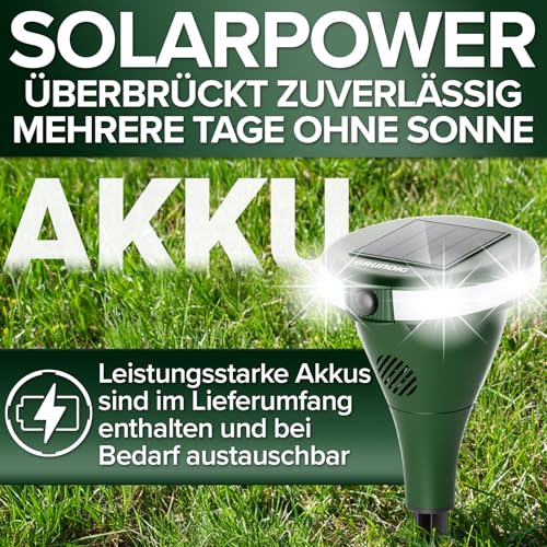GRUNDIG perfekte Ultraschall Abwehr gegen Katzen und Hunde im Garten - 360 Grad Katzenschreck Hundeschreck Bewegungsmelder mit 8 Blitzlichtern, 2 Frequenzbändern, Solar, Akku, IP44 wasserdicht (Grün)