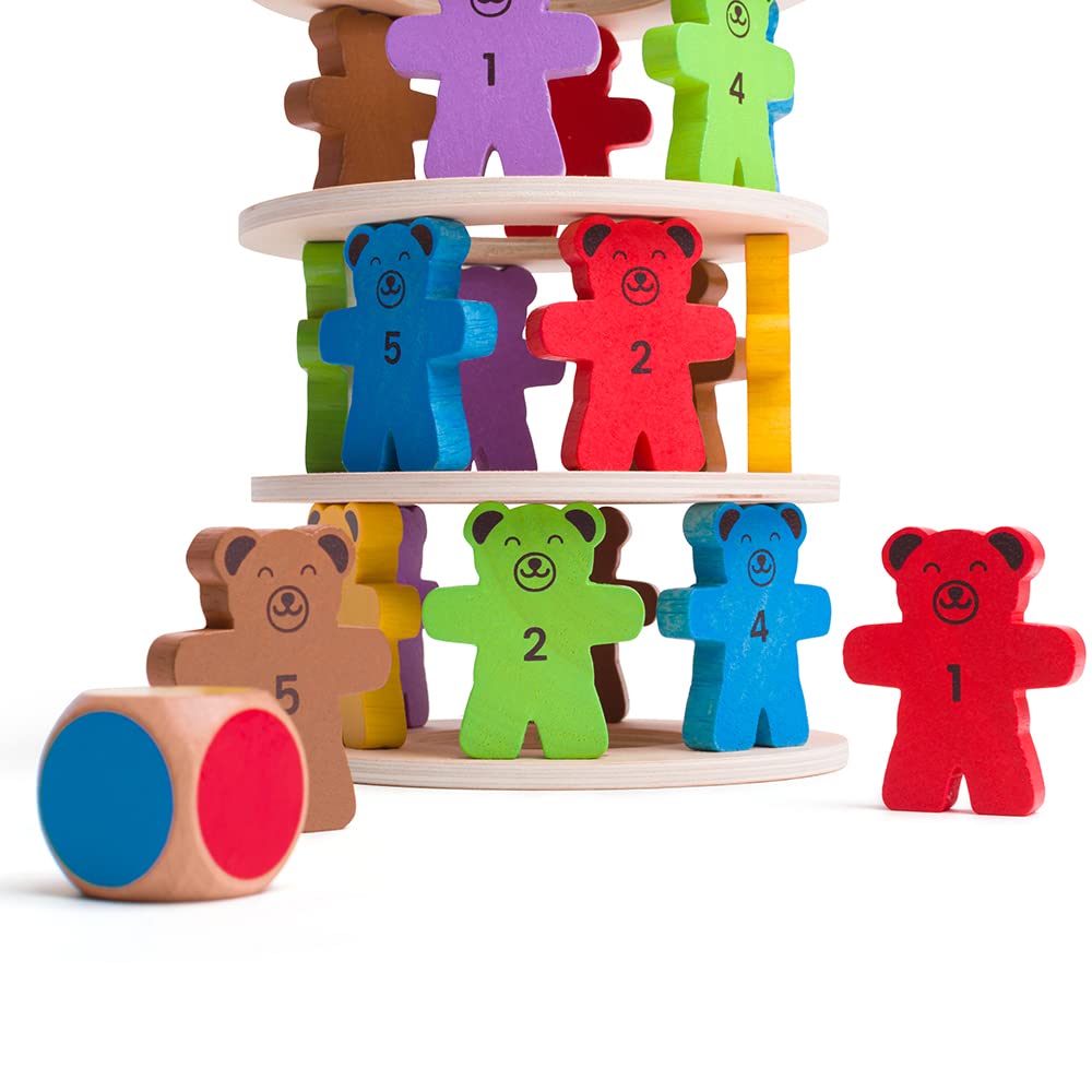 Bigjigs Toys Teddy Tumbling Tower Game - 49pc Tour d'empilement pour Plus de 3 Ans, Puzzles d'équilibrage coloré, Jouets d'empilement en Bois de qualité et Jouets Montessori pour Enfants