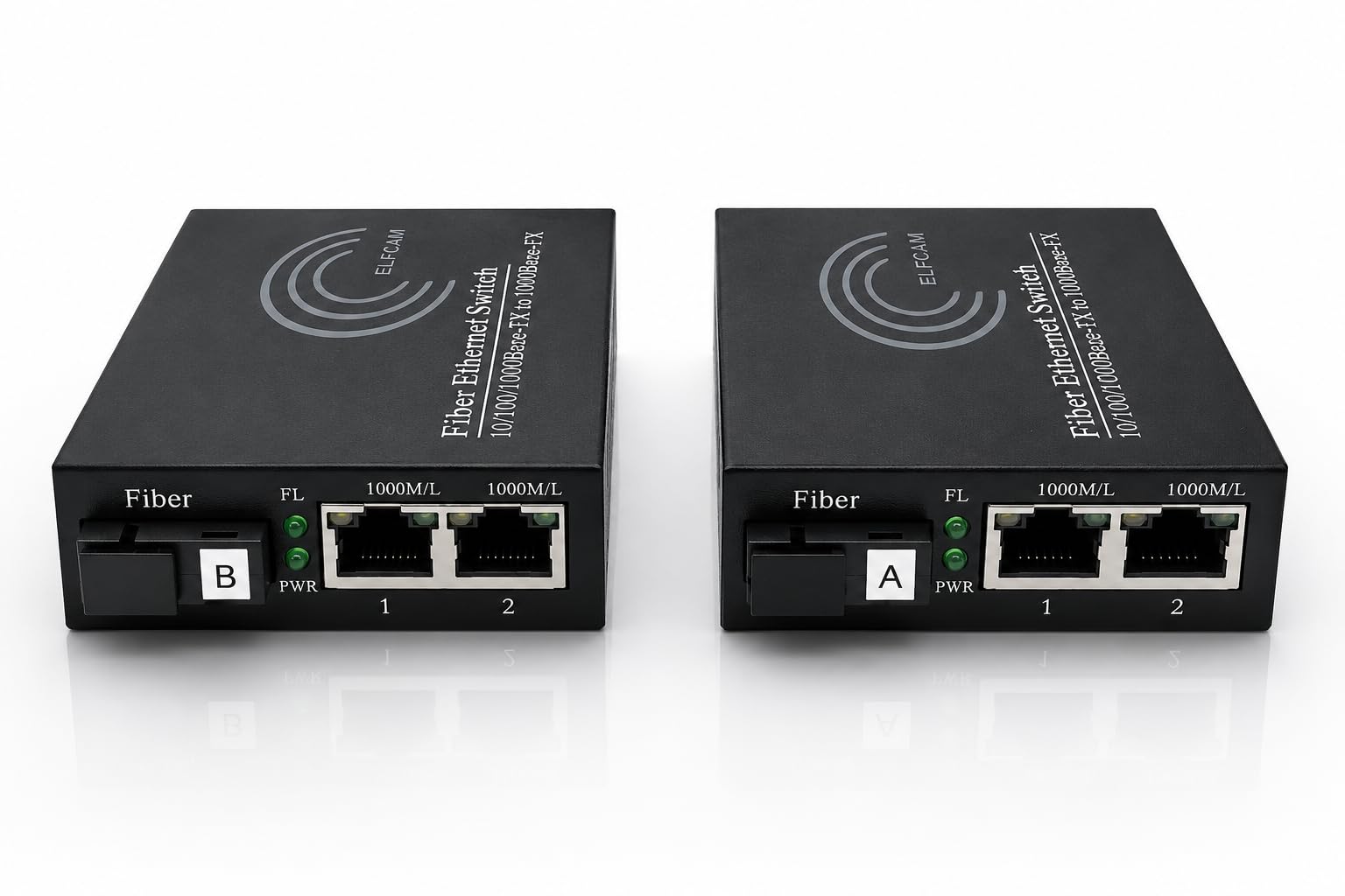 Elfcam® - Lot de 2 Convertisseurs Fibre Ethernet Gigabit avec Modules SFP Inclus, 2 Ports RJ45 par Convertisseur, Fibre Optique SC Monomode, Transmission jusqu'à 20 km, 10/100/1000 Mbps