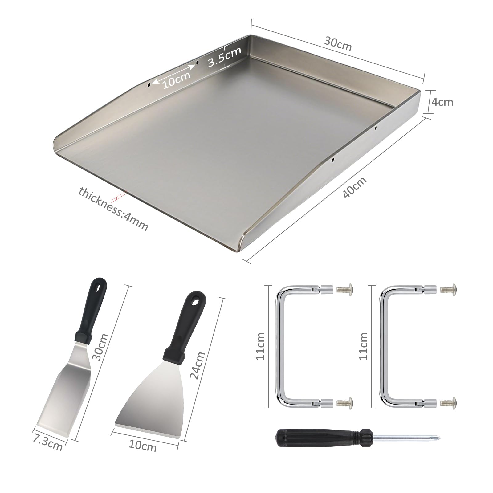 Grillplatte - 40 x 30 cm Edelstahl Plancha mit Grillspachteln und Griff, Grillzubehör Universal BBQ Grillplatte für Gasgrill und Holzkohlegrill
