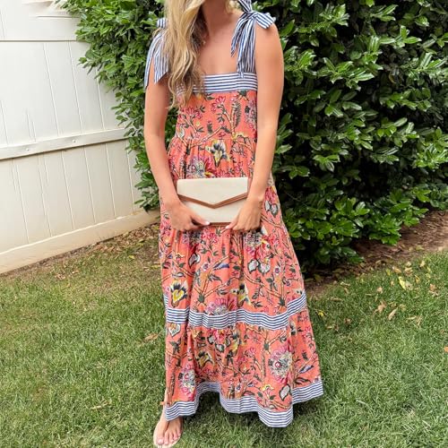 Image of Women Y2k Boho Maxi Dress Tie Shoulder Backless Strappy Tiered Flowy Dress 2024 Summer Floral Beach Sundress