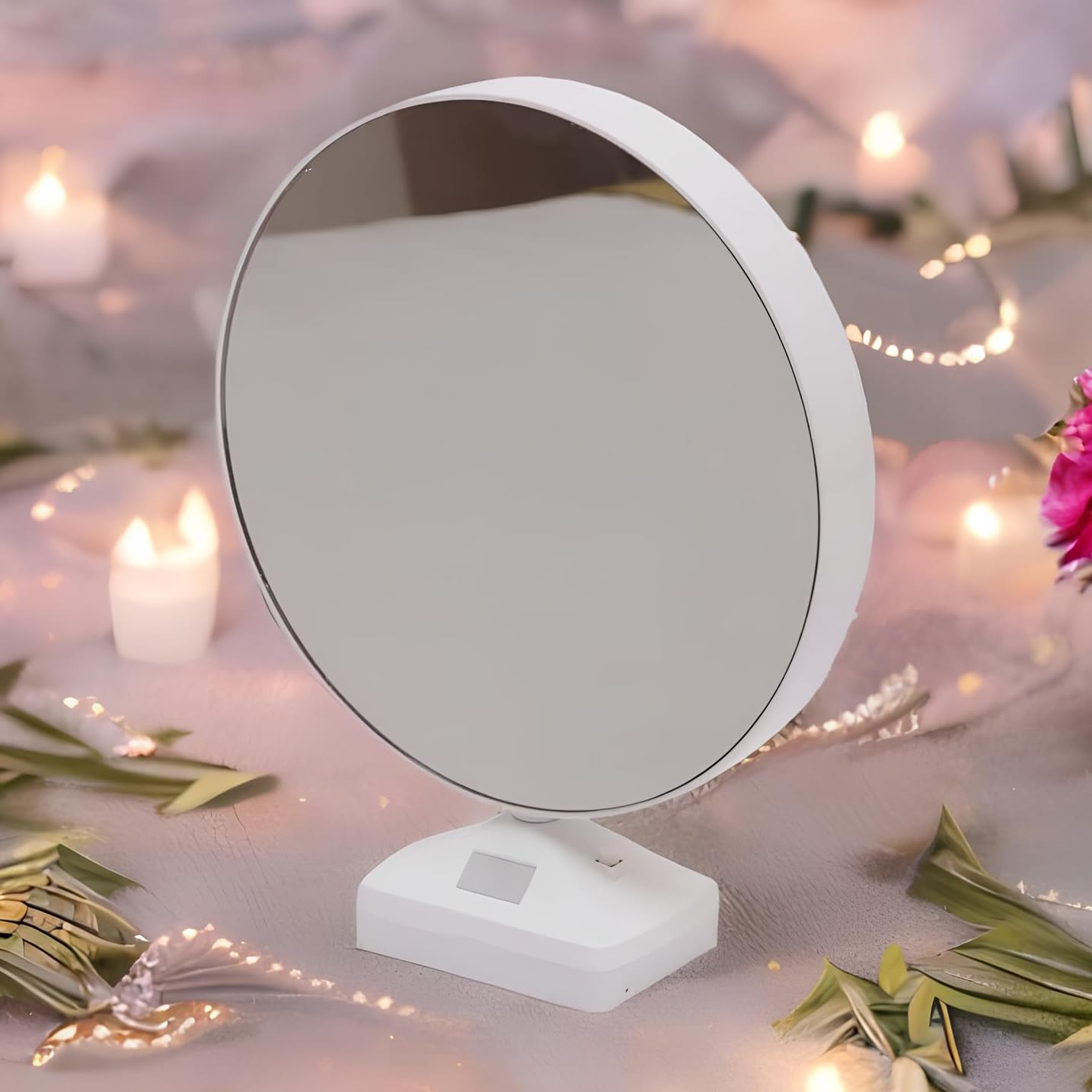 Trends Gift Store Magic Mirror Photo Frame with Light Photos Gift Personalized Frames for Valentine's Day Gifts, Anniversary, Birthday (Plastic, Tabletop, White, Pack of 1, Round, Framed)