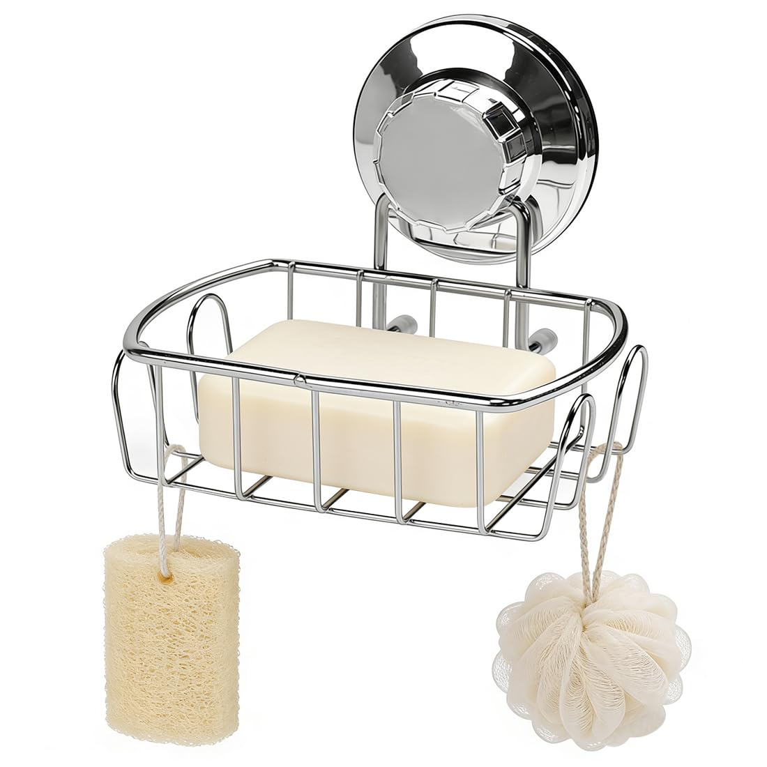 Xygobla Suction Soap Dish for Shower with Hooks, Stainless Steel Wall Mounted Soap Rack No-Drilling Strong Rustproof, Max Hold 5 KG Powerful Vacuum Suction Cup Basket for Bathroom, Kitchen, Bathtub