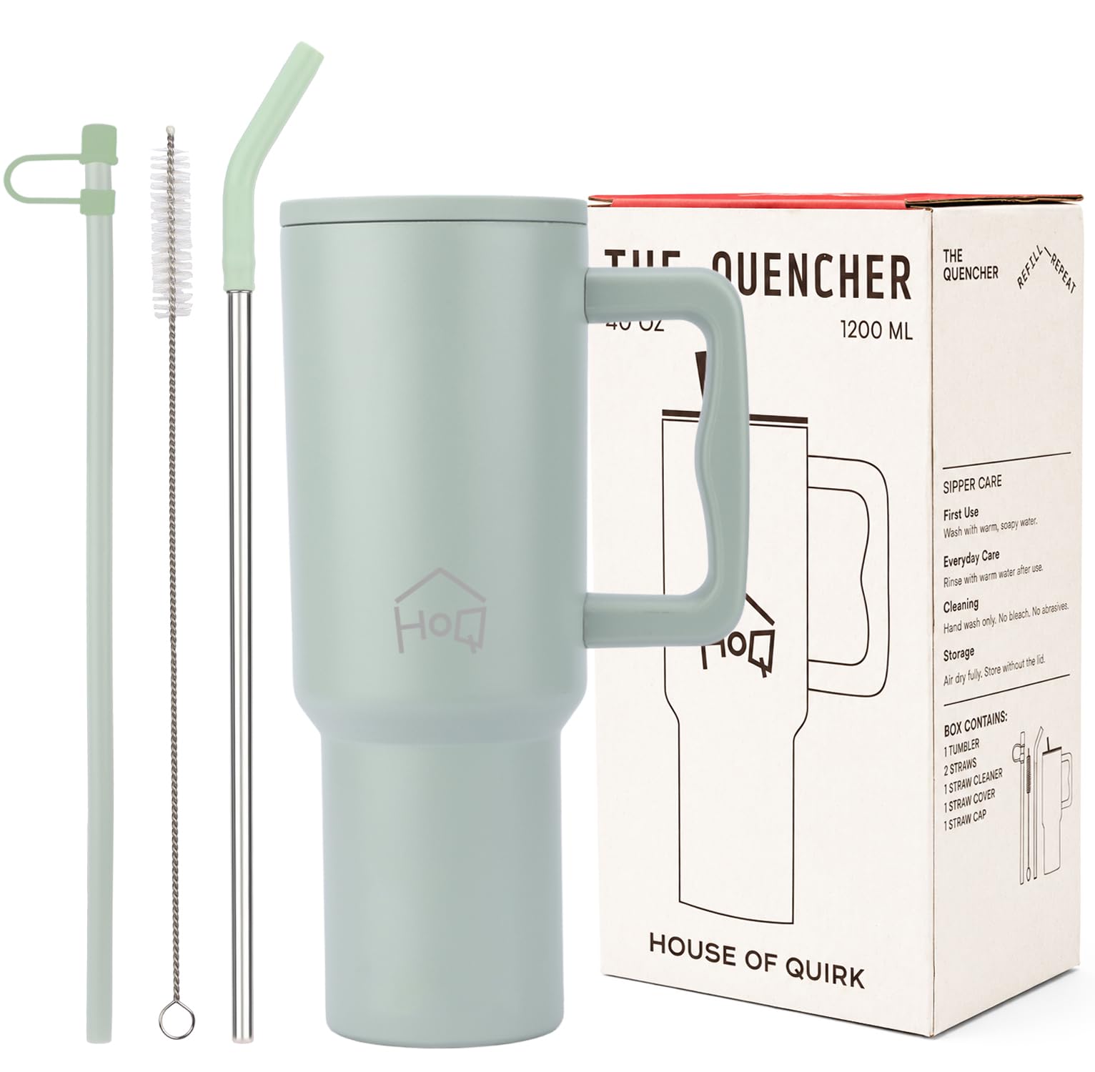 House of Quirk 1200ML Stainless Steel Tumbler with Handle & Lid, 2 Straws – Large Travel Mug Water Cup for Gym, Office & Outdoor Use (Lime Pistachio)