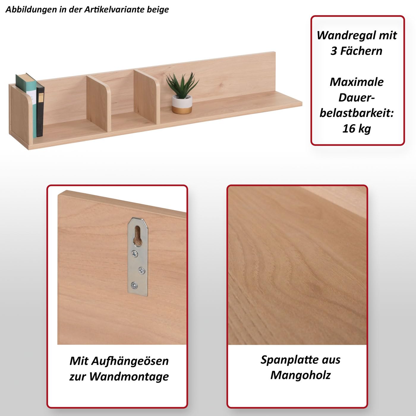 Mendler HWC-M48 - Estantería de pared (3 compartimentos, 20 x 120 x 21 cm), color natural | Estantería suspendida, estantería de madera, estantería flotante