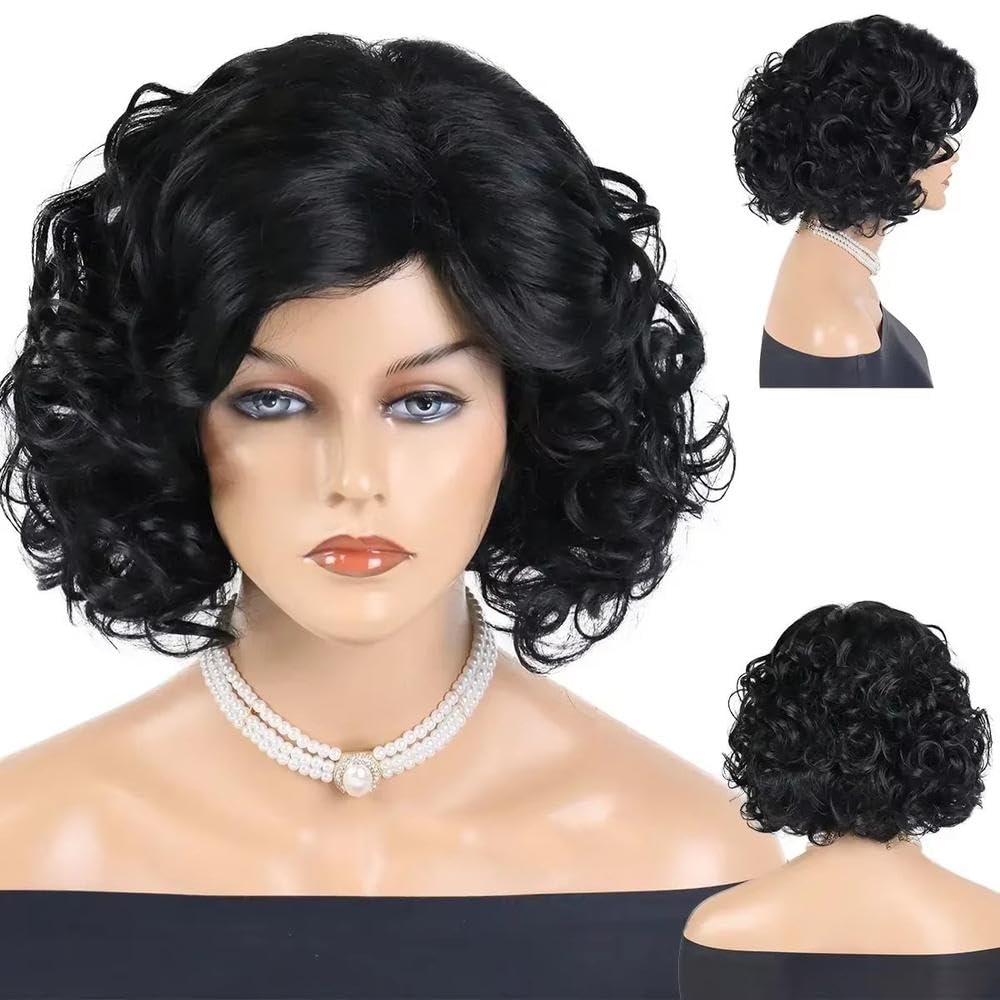Haarpflege Blonde Kurze Gewellte Lockige Haarperücke Mit Pony Für Schwarze Frauen Tägliche Cosplay Party(Black)