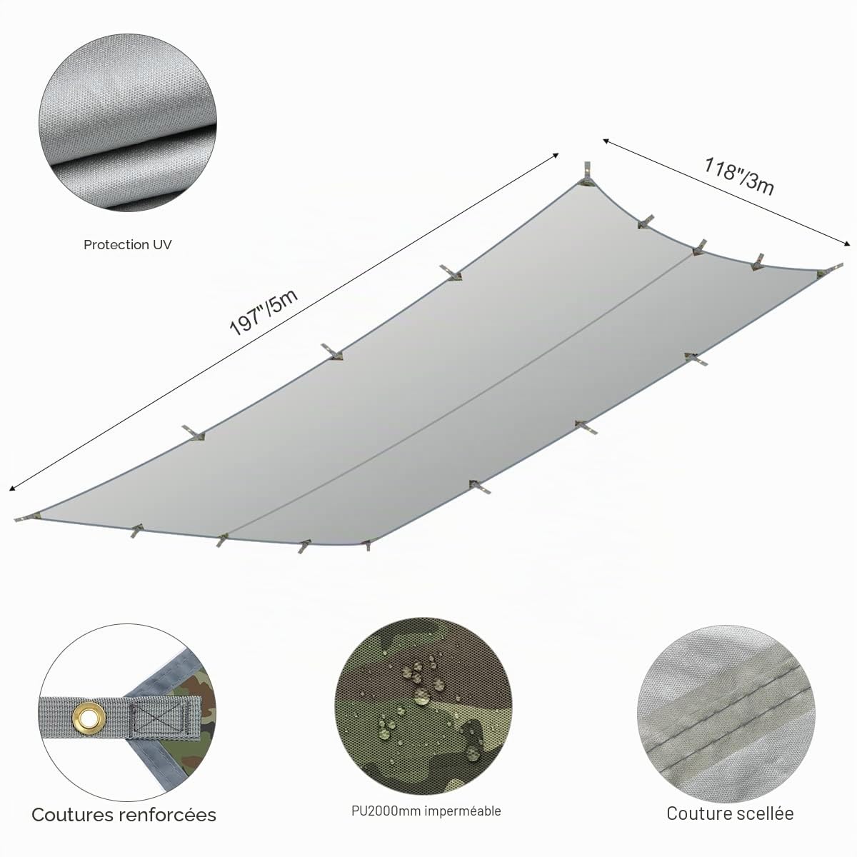 Ryaco Bâche Anti-Pluie, Camping Bâche Rain Tarp Toile de Tente Imperméable Abri de Randonnée Pliable Portable Grande Taille avec Zippées et Poche en Filet pour Bouteille d'eau pour Backpacking Picnic