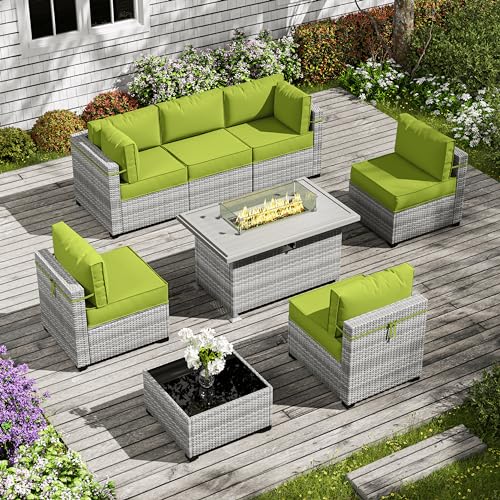 8-Piece Patio Furniture Set With Fire Pit Table, With 5' High-Resiliency Seat Cushions Light Grey Outdoor Modular Wicker Conversation Set, With 43in 55,000 Btu Propane Gas Fire Pit Table,Grass Green