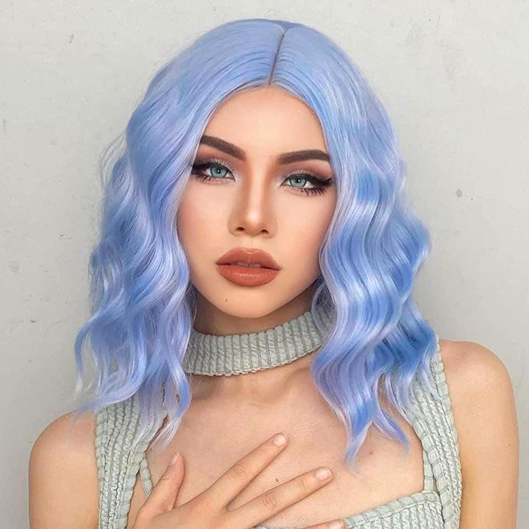 PORSMEER Short Wavy Curly Light Blue Bob Wig Middle Part for Women Girls Beach Wave Wigs for Daily Cosplay Costume Party,Carolina blue