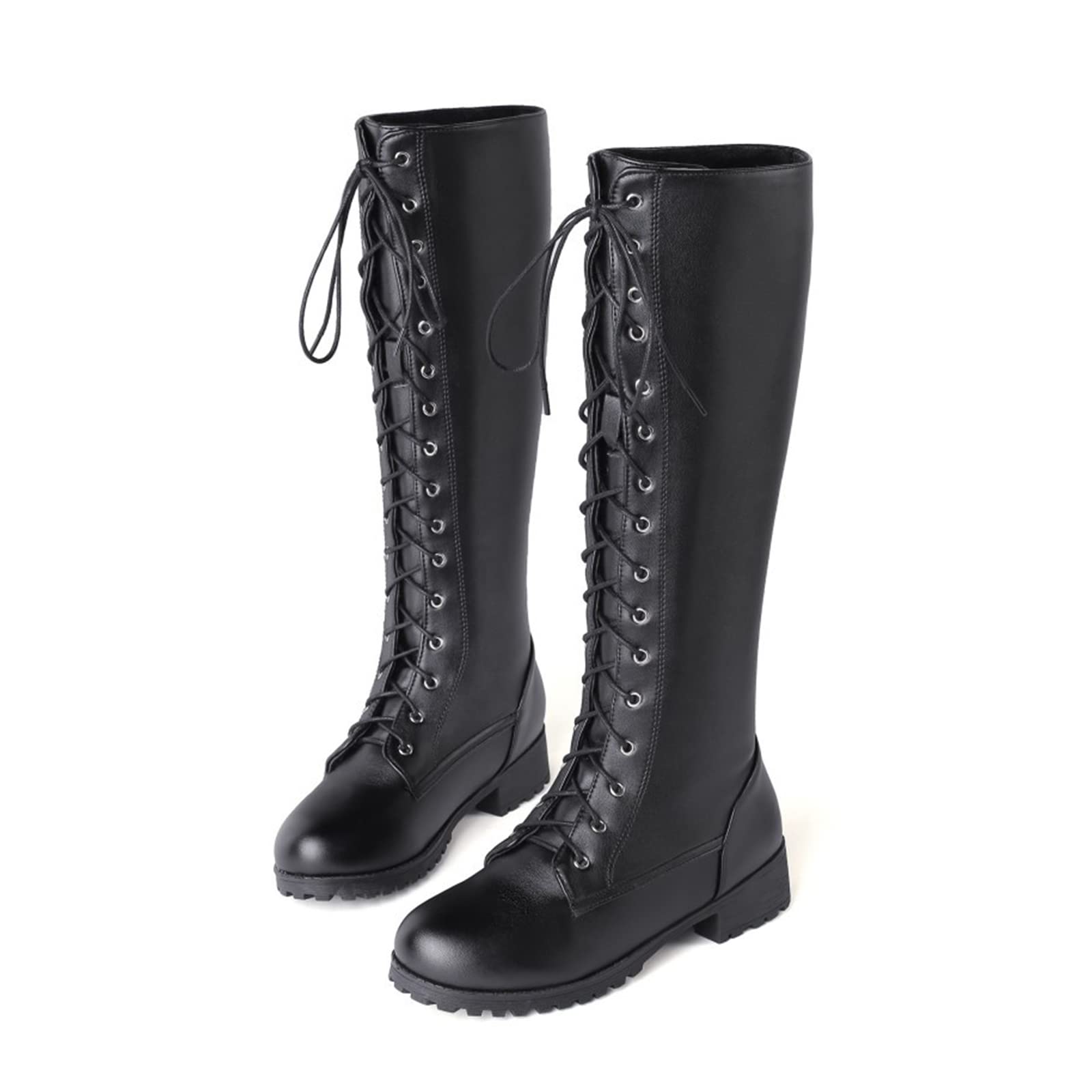 Nouveau Style Bottes Hautes Talon Bas Bottes De Moto À Lacets Noir Surdimensionné