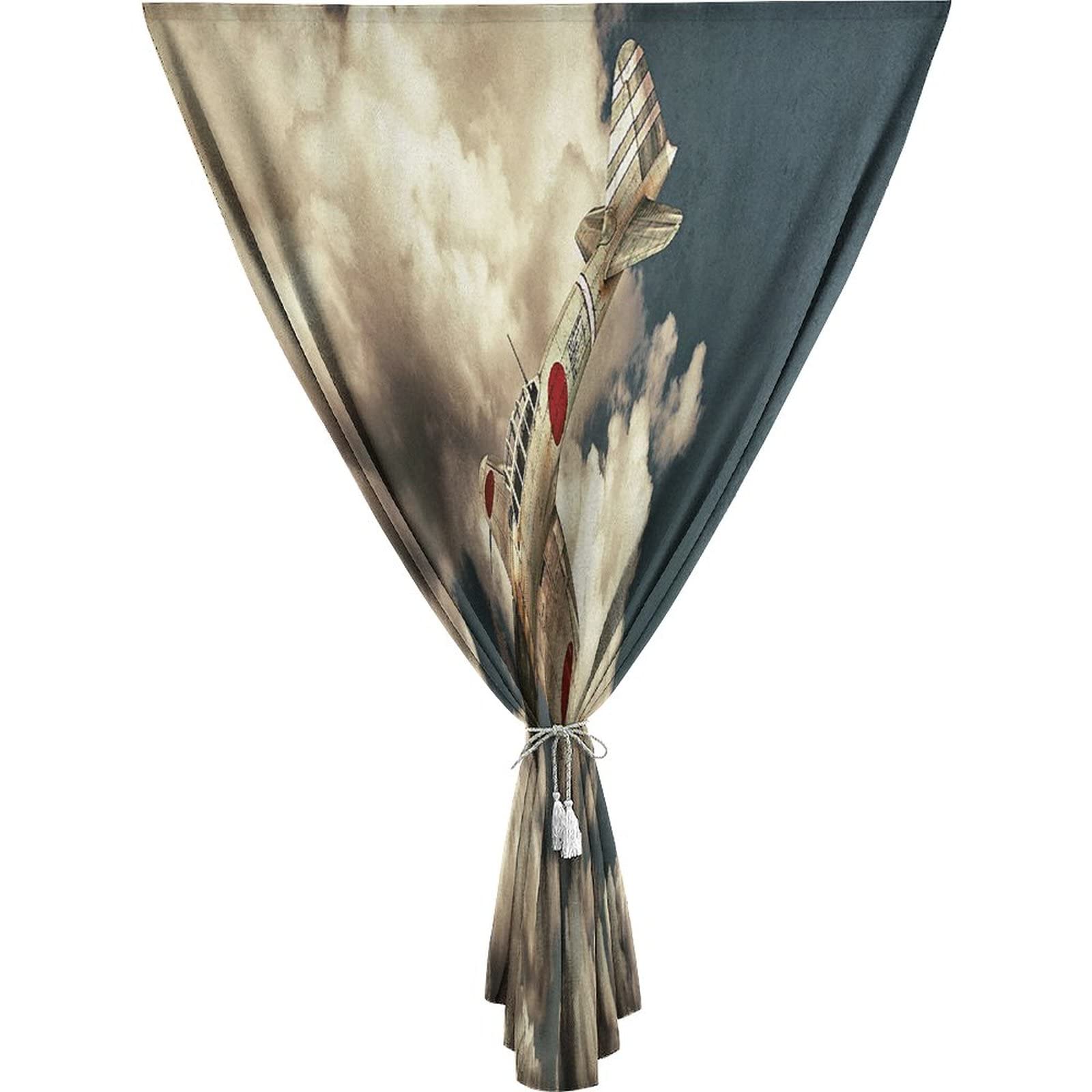 Autohesion Curtains, Airplane Decor Window Curtain Panel, Akutan Zero War Plane Flying Between Clouds Print Thermal Lnsulated Room Darkening Small Drapes,26W x68L Inch, for Kitchen Bathroom