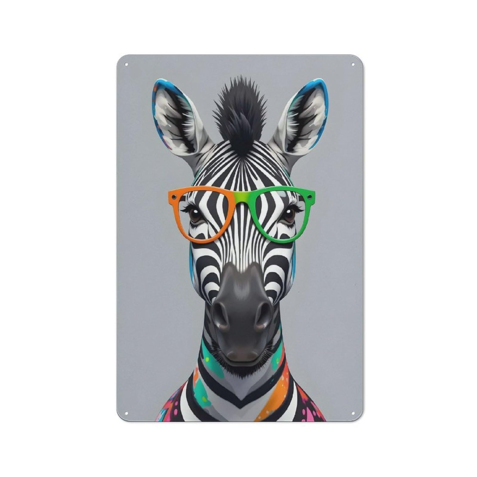 Junmoney Style-7 Colorful Portrait Of A Zebra With Glasses Rustic Metal Plaque 30X20cm For Guest Room Or Hallway, A Decorative Metal Sign For Guest Rooms And Hallways