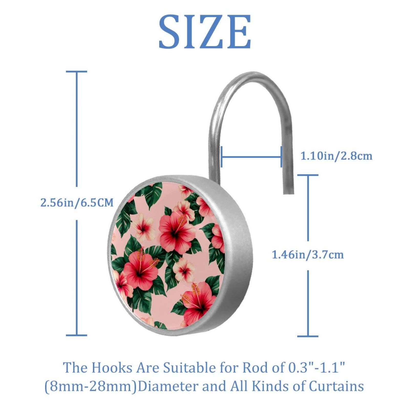 12pcs Glass Shower Curtain Hooks, Rust Resistant Decorative Shower Rings for Bathroom Living Room,Stainless Steel Hooks for Shower Curtain and Liner Rods (Pink Hibiscus Flower)