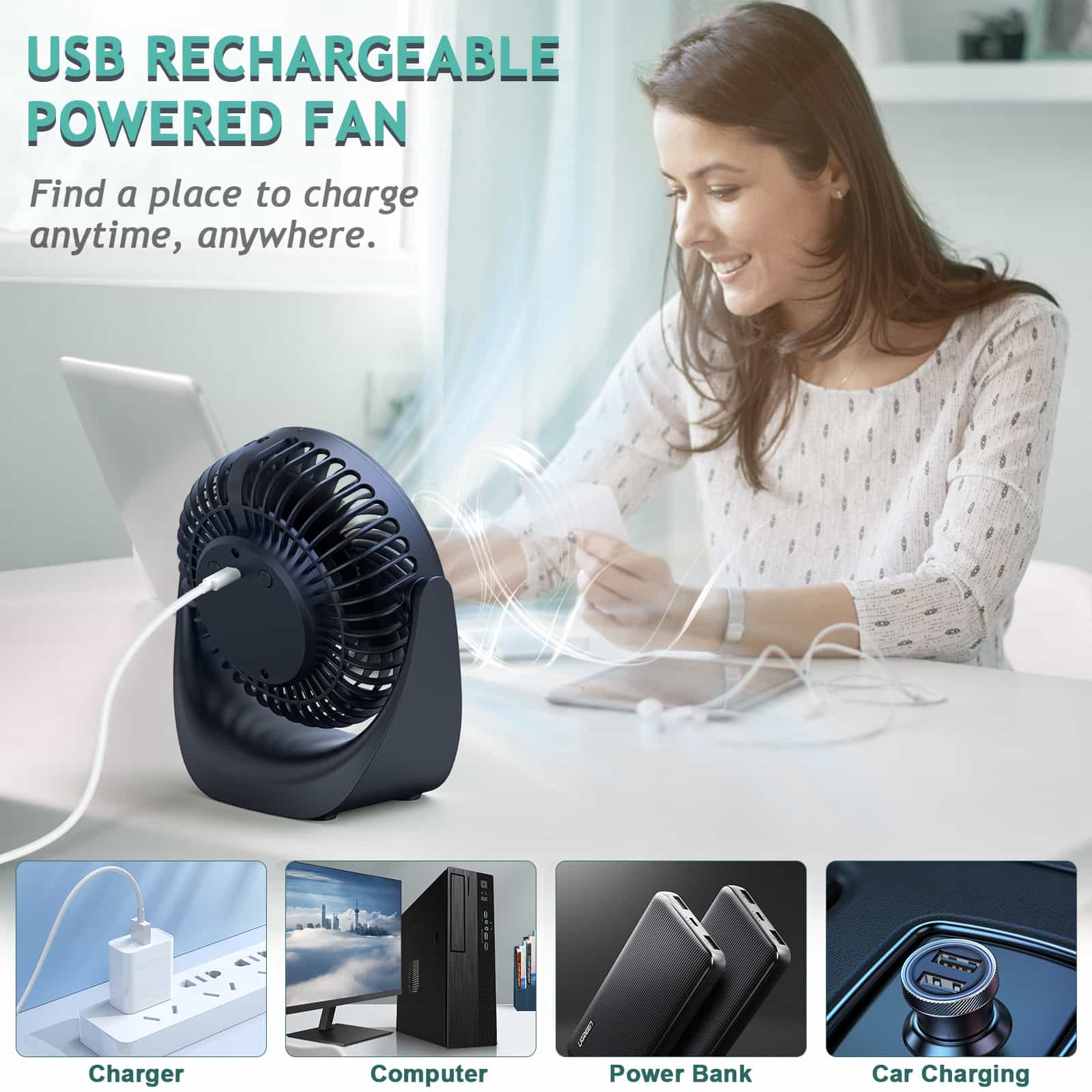 SHAVINGFUN Ventilatore da Tavolo,Mini ventilatore usb,ventilatore scrivania di 4000mAh Ricaricabile,5 Velocità ventilatore da tavolo silenzioso,Per Ufficio, Soggiorno,Viaggi ventilatore a batteria