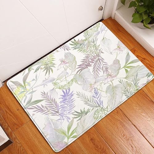Image of Bathroom Anti Slip Tropical Plant Green Leaf Floor Mat Kitchen Door Mat with Non Slip Backing,36X24 In