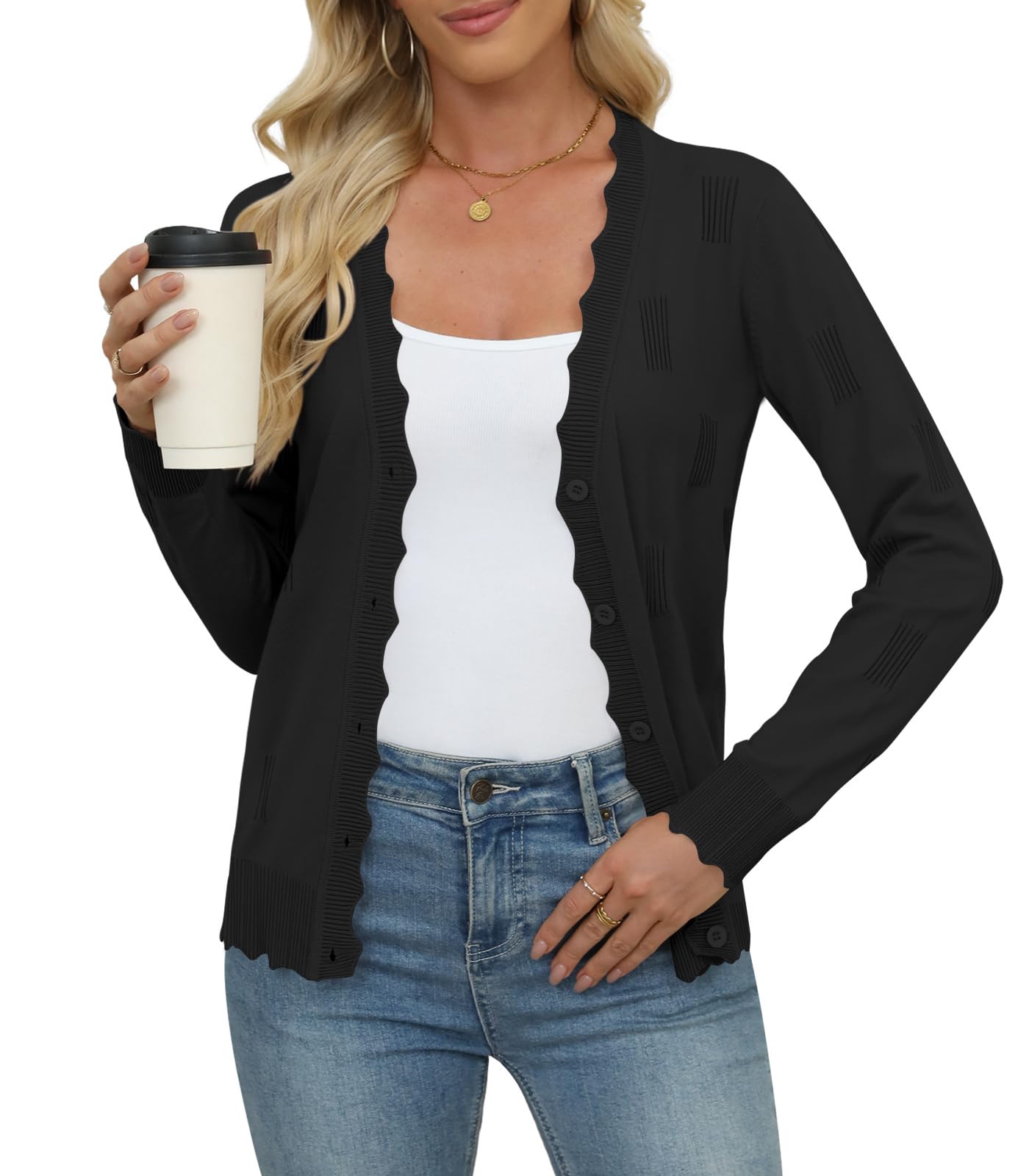 Womens Long Sleeve Lightweight Button Down Cardigans V-Neck Knit Cardigan Sweaters