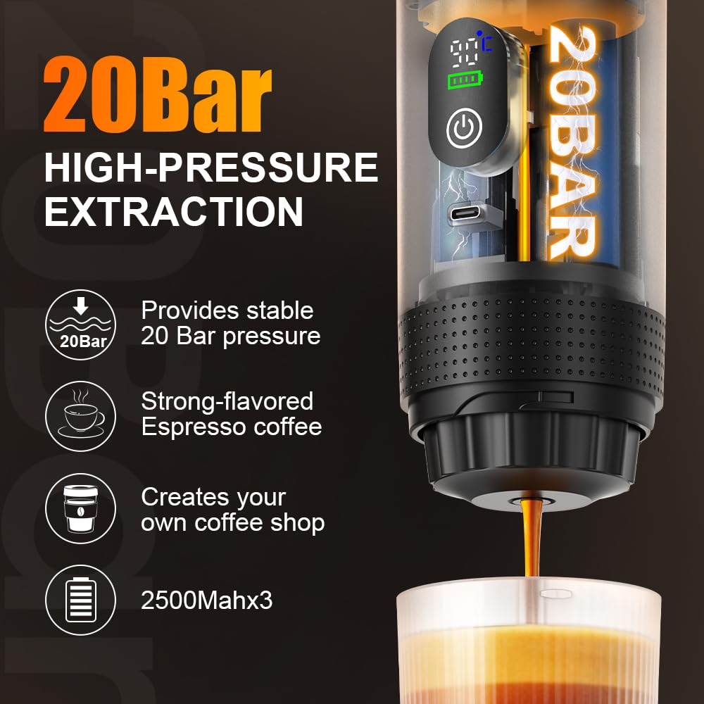 Macchina da caffè portatile espresso con riscaldamento rapido | USB-C | Macchina da caffè portatile automatica 3 in 1 molto facile da usare, ideale per viaggi, ufficio e campeggio (PRO 80ML