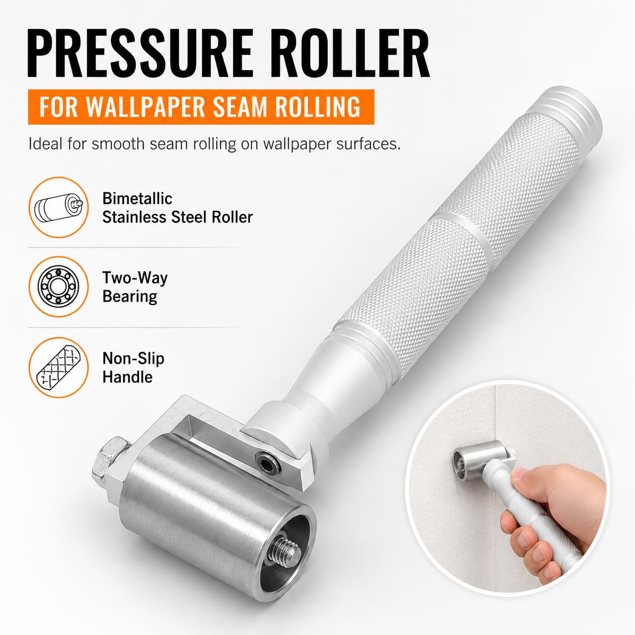 VOBOR Rouleau de Pression Plat Acier Inoxydable 40mm, Outil Marouflage Joint Papier Peint