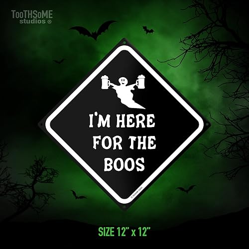 Miniatura 3 de Letrero de camino con tema de Halloween con texto en inglés "I Here For The Boos" de 12 x 12 pulgadas, espeluznante bar, sala de juegos, hogar,