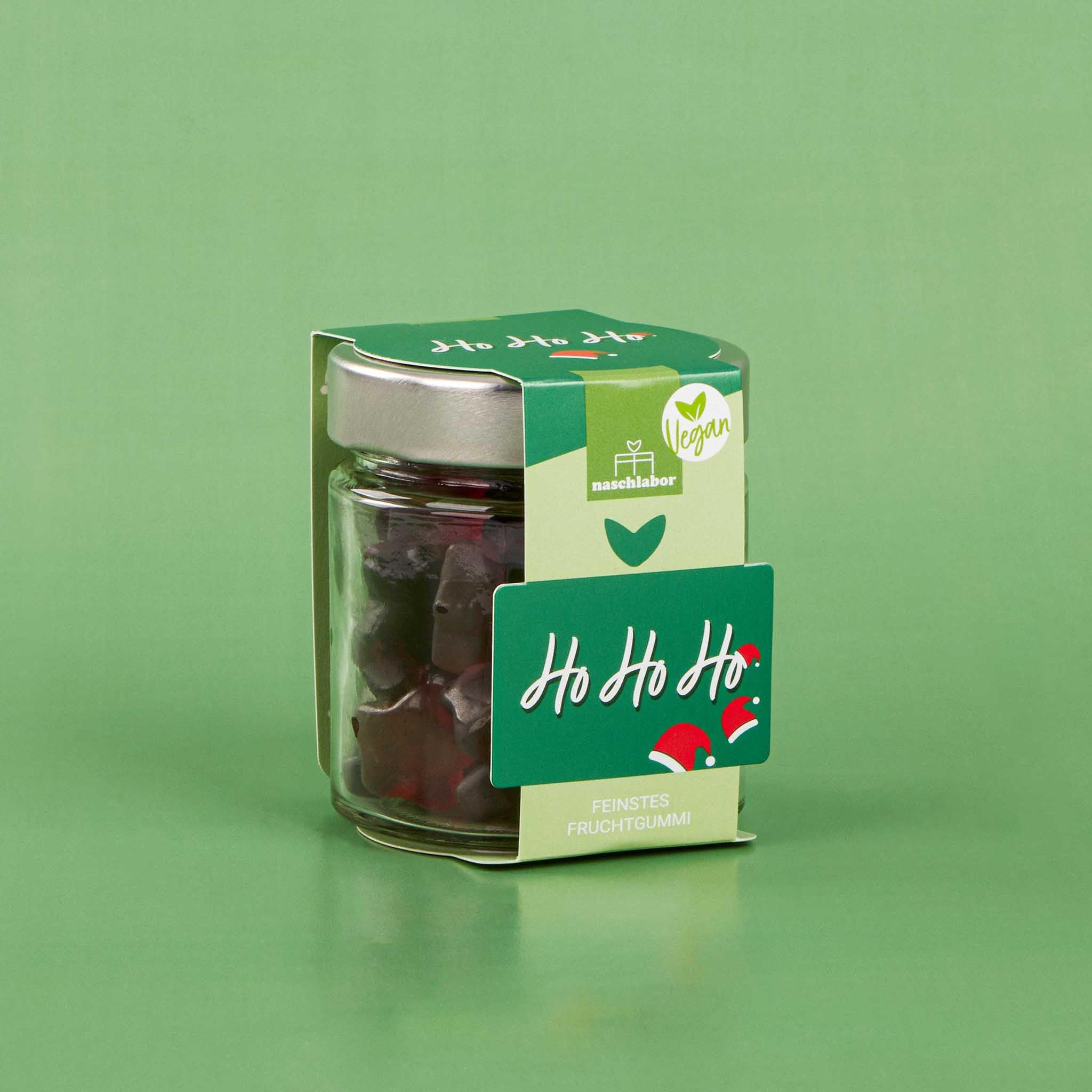 Vegan Ho Ho Ho Fruchtgummi in Geschenkglas 120g | Veganes Geschenk für Familie, Freunde und Kollegen | 20% sortenreiner Fruchtsaft | Mitbringsel Geschenk für Weihnachten und Nikolaus