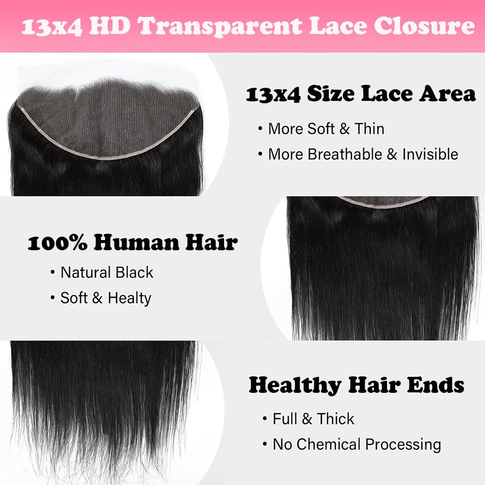 MYouan 13x4 Lace Frontal Brazilian Straight Wave Human Hair Ear to Ear 13x4 HD Lace Frontal Closure 150% Density Pre-Plucked 14 Inch - Image 4