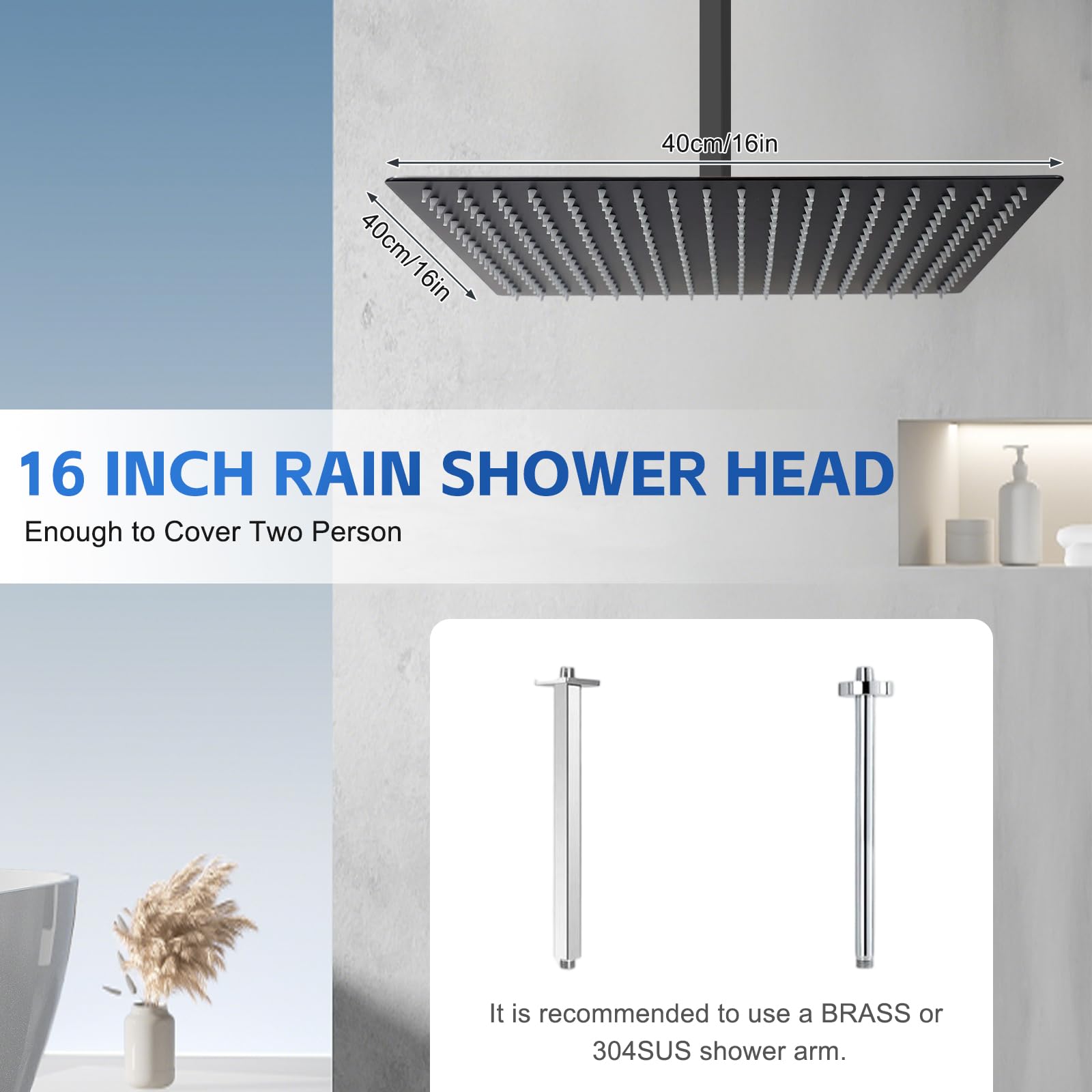 Alcachofa de ducha de 40 cm, grande, acero inoxidable 304, ahorro de agua, con boquillas antical 324, ajustable a 360°, cabezal de ducha de lluvia de 16 pulgadas, rectangular (negro)