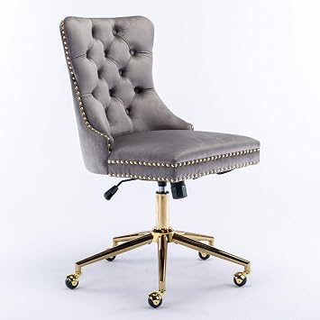 A&A Furniture Office Chair,Velvet Upholstered Tufted Button Home Office Chair with Golden Metal Base,Adjustable Desk Chair Swivel Office Chair Gray