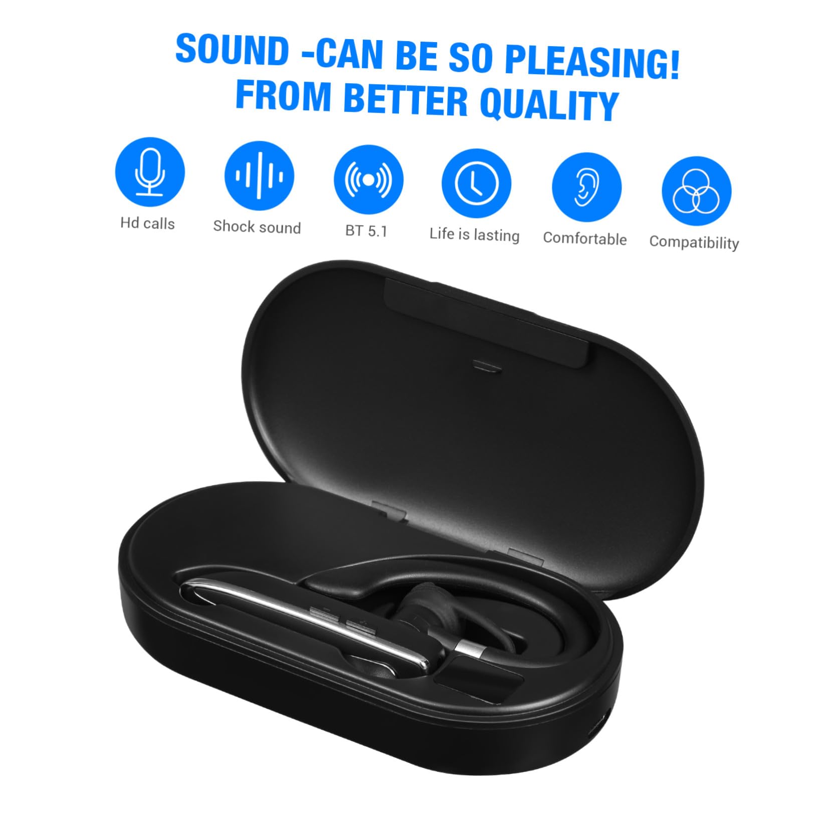 Auricolare Monoauricolare Wireless con Gancio Ergonomico, Cuffie Portatili Intrauricolari Regolabili, Custodia di Ricarica Inclusa per Sport e Chiamate a Mani Libere, Adatto