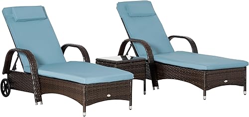 Miniatura 10 de Outsunny Juego de muebles de exterior de 3 piezas, 2 tumbonas reclinables, ruedas rodantes, reposabrazos, reposacabezas, acolchado grueso, 1 mesa