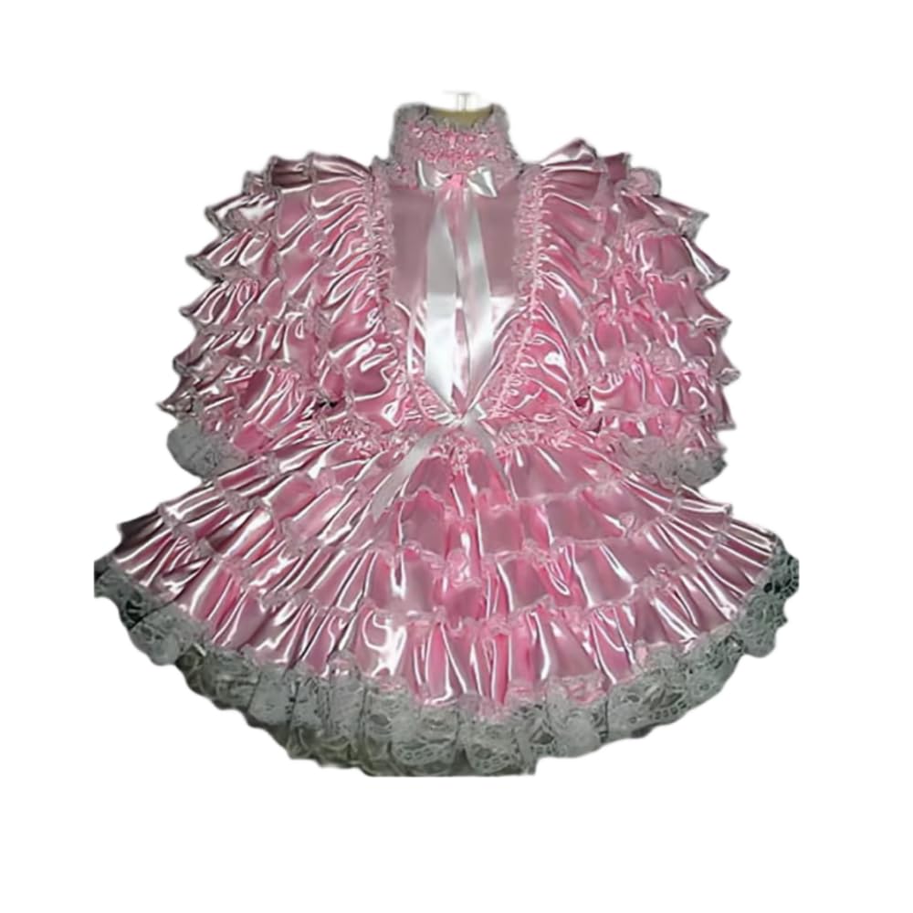 QIANGYTHENKO Sissy Lockable Dress Pink Satin Lace Ruffle Maid Costume for Halloween Club Party Crossdress Event