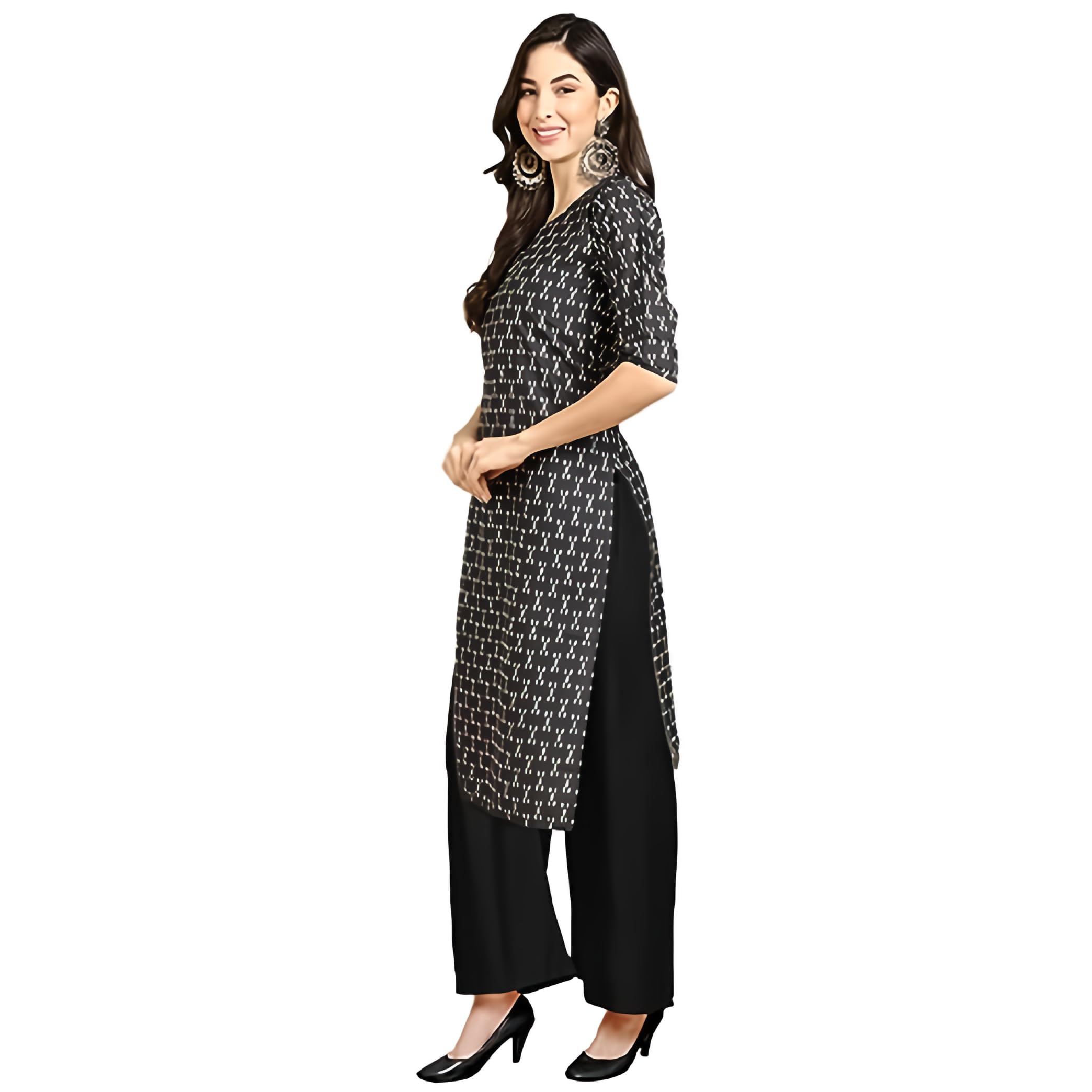 Patlani Women's Cotton Blend Printed Straight Kurta Black-Lineing-Xxl