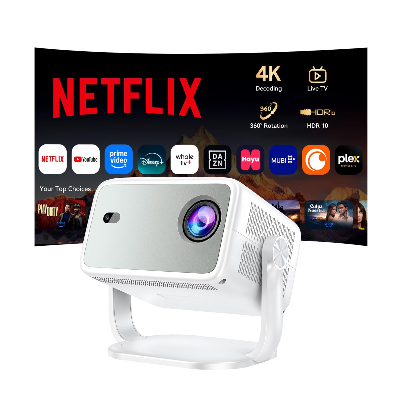 Proiettore 4k 2026【Compatibile con Netflix/1400 ANSI/Rotazione 360° 】Videoproiettore HDR10 Auto Focus e 6D Keystone Proiettore Portatile Bluetooth WiFi 6 per Home Cinema/Esterno
