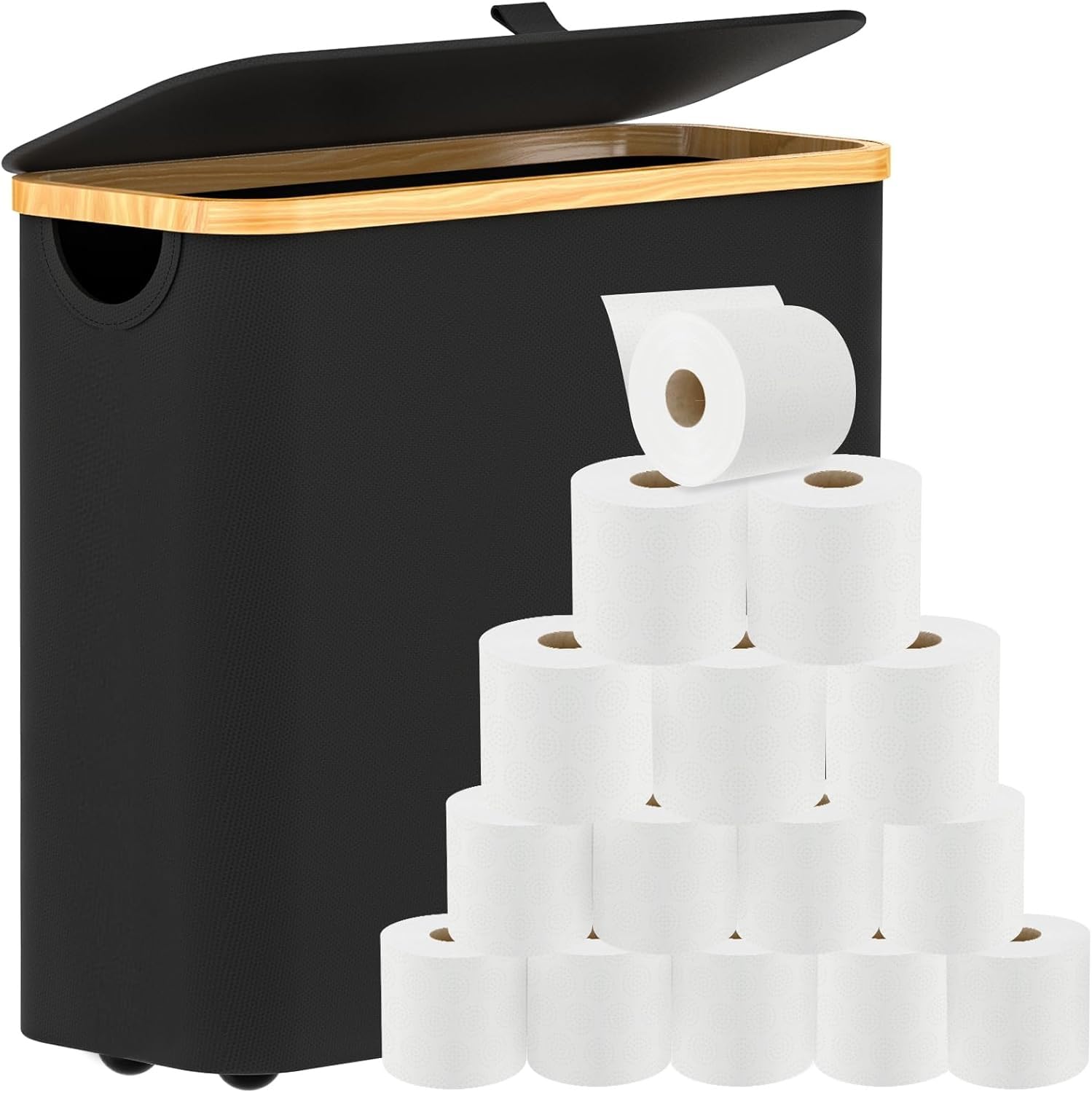 Toilettenpapier Aufbewahrung, Klopapier Aufbewahrung mit Deckel, Ersatzrollenhalter Wc Papier Aufbewahrung, Bambus Badezimmer Organizer für WC Rollen, Toilet Paper Behälter Schwarz, Aufbewahrungskorb Baumarkt