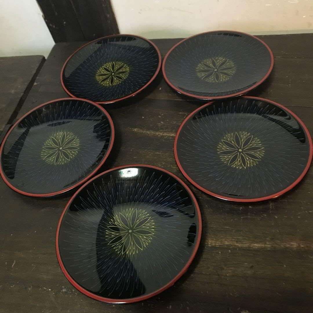 【山中漆器　喜八工房　4.8寸\"百合形　銘々皿×5客】天然木製　金毛彫 未使用品 山中漆器 喜八工房 4.8寸