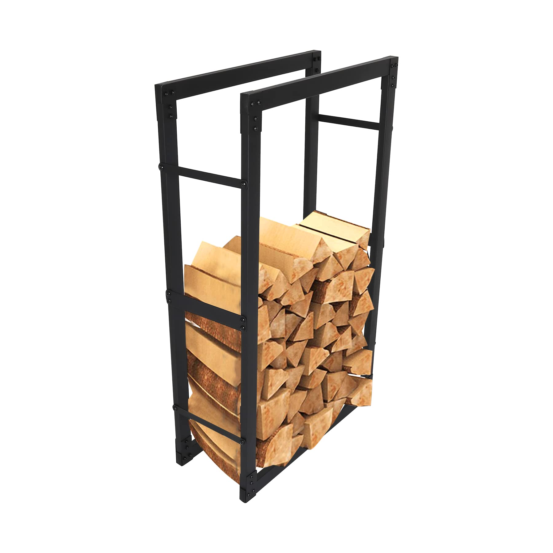 Fiqops Estantería para leña de acero, Soporte para Almacenamiento Exterior de leña, Diseño Negro Mate, Estructura de Metal Estable, Tamaño: 25 x 80 x 150 cm